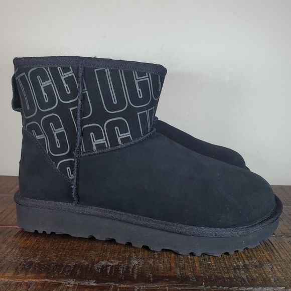 UGG Shoes - UGG Classic Mini Logo Snow Boots Womens Size 7 Suede Shearling Black